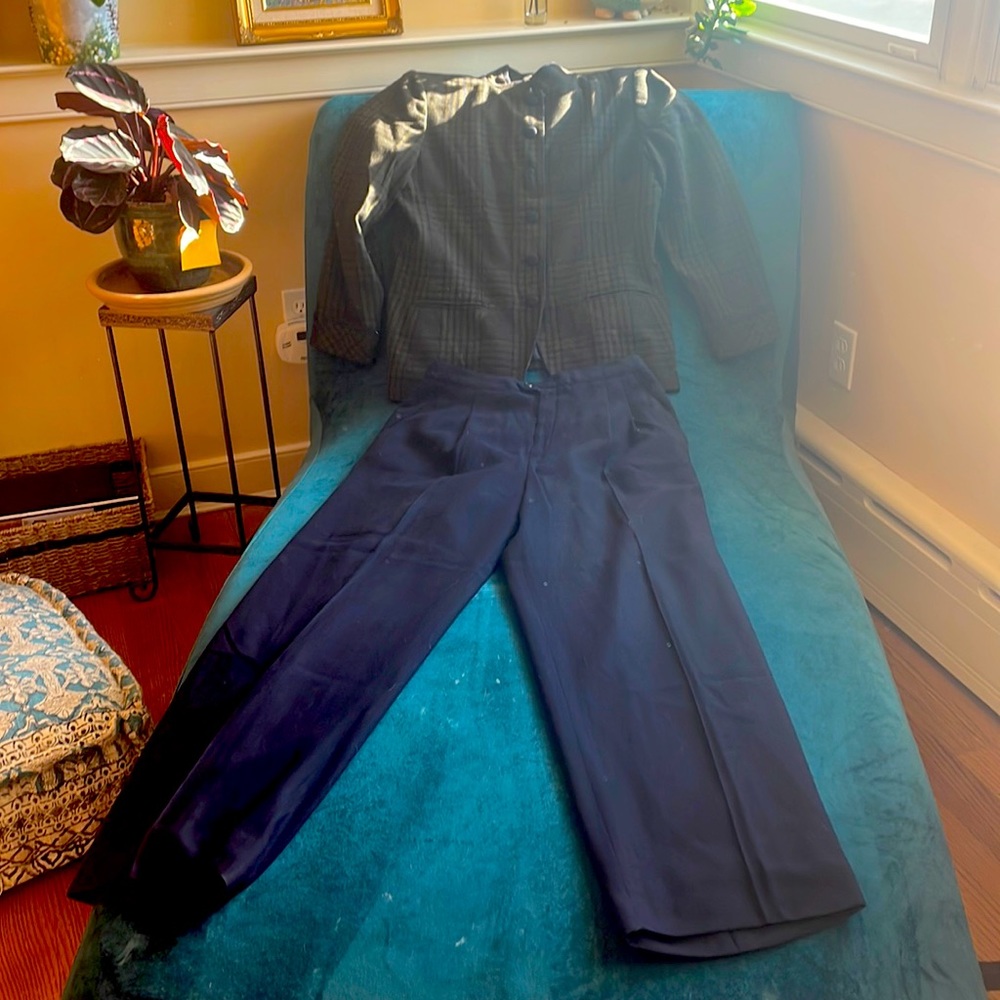 Classic 90s womens suit; navy/green plaid jacket with lined navy pants